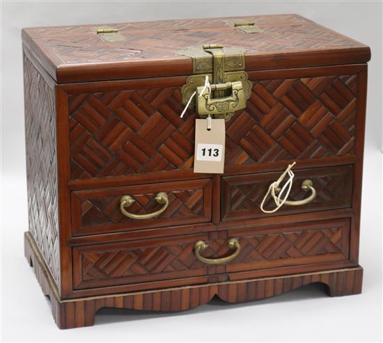 A Chinese brass mounted hardwood casket width 41cm